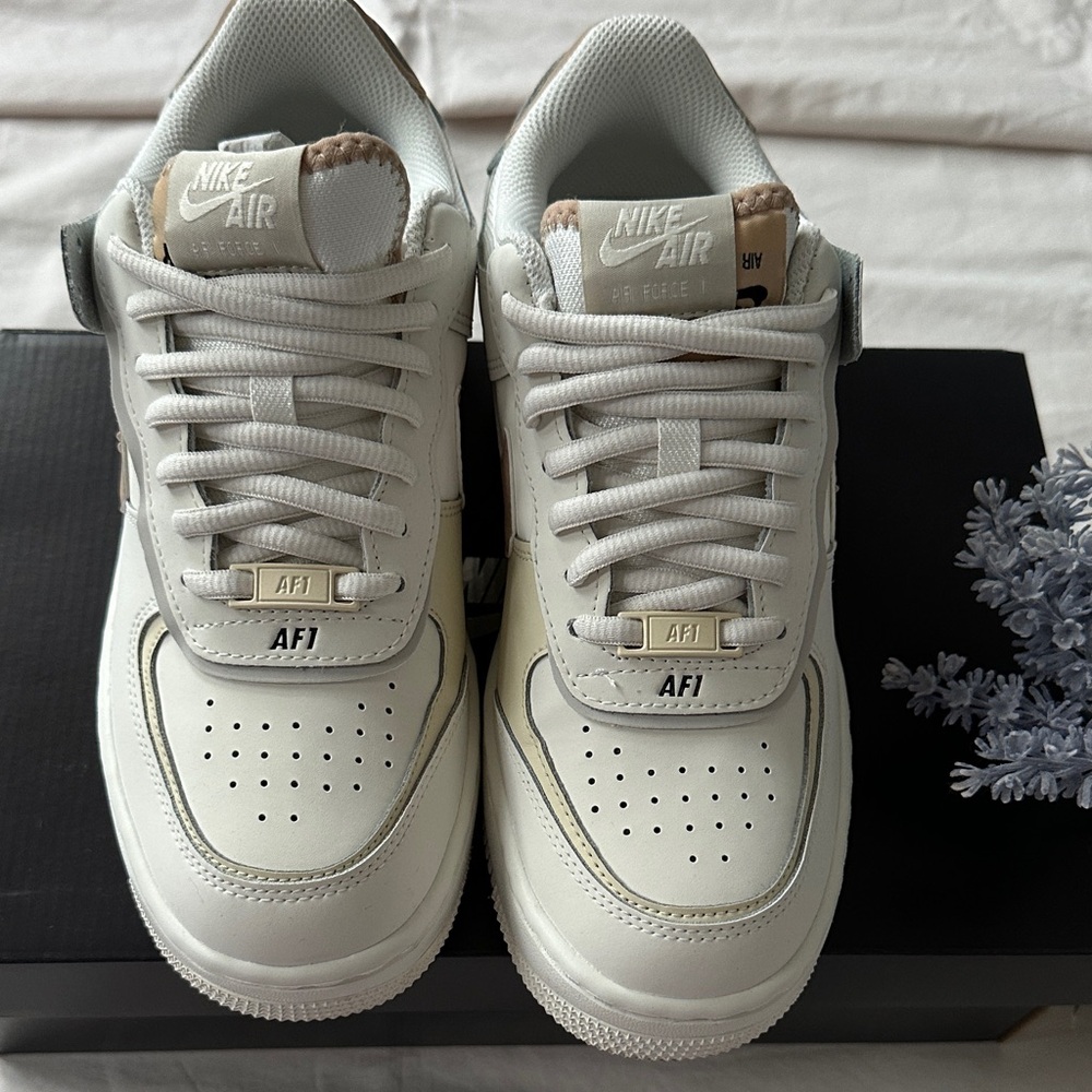 Nike Air Force 1 shadow White and Tan Sneakers